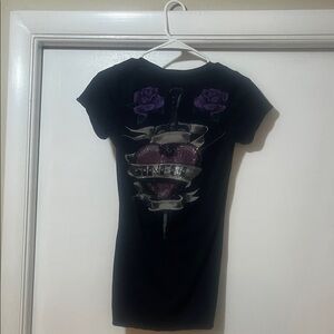 Sinful Black Graphic Tee with Purple Rose Design small